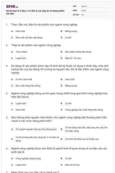 Đề thi Học kì 2 Địa Lí 10 (Đề 3) (có đáp án và thang điểm chi tiết)