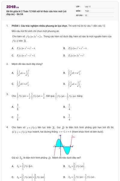 Đề thi giữa kì 2 Toán 12 Kết nối tri thức cấu trúc mới (có đáp án) - Đề 04