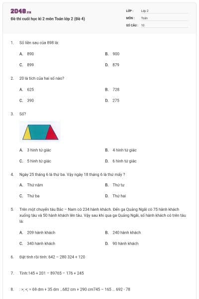 Đề thi cuối học kì 2 môn Toán lớp 2 (Đề 4)