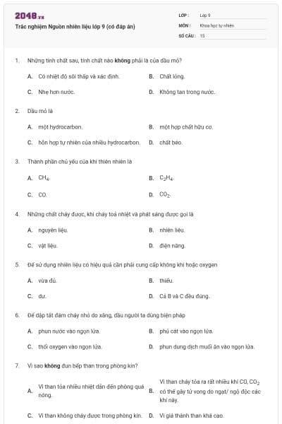Trắc nghiệm Nguồn nhiên liệu lớp 9 (có đáp án)