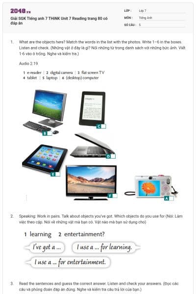 Giải SGK Tiếng anh 7 THiNK Unit 7 Reading trang 80 có đáp án