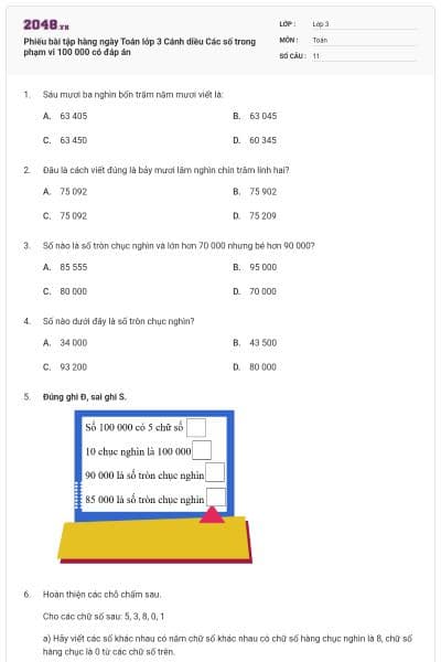Phiếu bài tập hàng ngày Toán lớp 3 Cánh diều Các số trong phạm vi 100 000 có đáp án