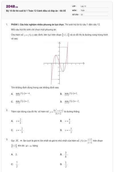 Bộ 10 đề thi cuối kì 1 Toán 12 Cánh diều có đáp án - Đề 05