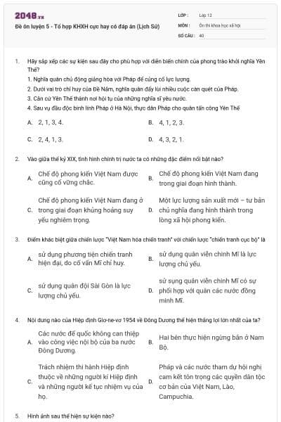Đề ôn luyện 5 - Tổ hợp KHXH cực hay có đáp án (Lịch Sử)