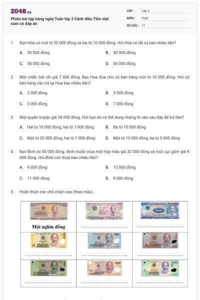 Phiếu bài tập hàng ngày Toán lớp 3 Cánh diều Tiền việt nam có đáp án