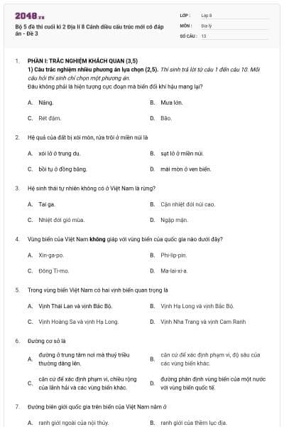 Bộ 5 đề thi cuối kì 2 Địa lí 8 Cánh diều cấu trúc mới có đáp án - Đề 3