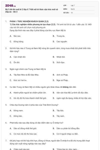 Bộ 5 đề thi cuối kì 2 Địa lí 7 Kết nối tri thức cấu trúc mới có đáp án - Đề 3