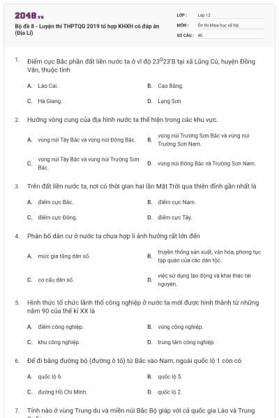 Bộ đề 8 - Luyện thi THPTQG 2019 tổ hợp KHXH có đáp án (Địa Lí)