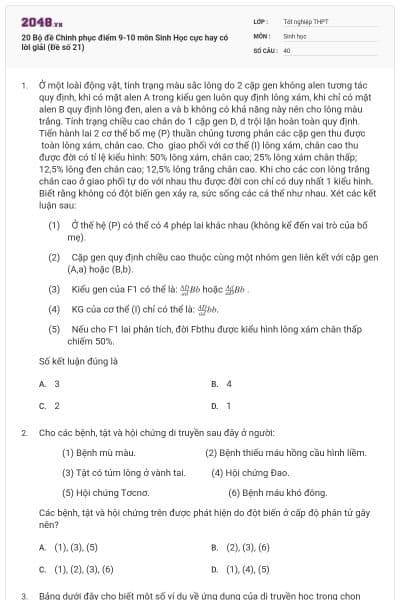 20 Bộ đề Chinh phục điểm 9-10 môn Sinh Học cực hay có lời giải (Đề số 21)
