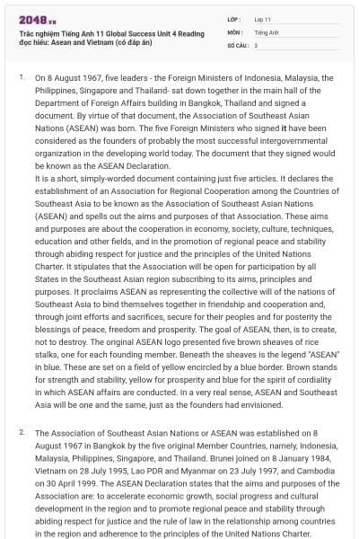 Trắc nghiệm Tiếng Anh 11 Global Success Unit 4 Reading đọc hiểu: Asean and Vietnam (có đáp án)