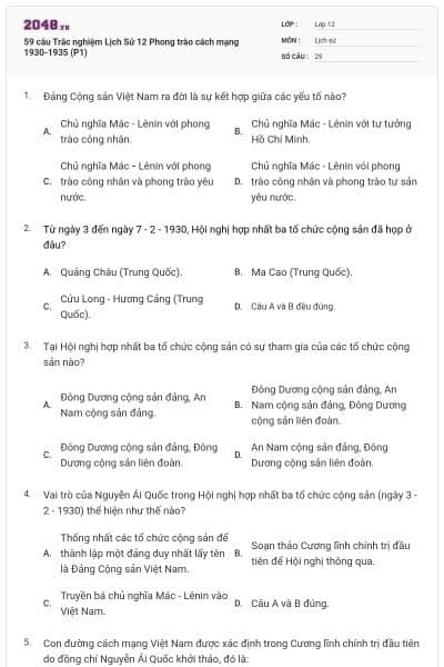 59 câu Trắc nghiệm Lịch Sử 12 Phong trào cách mạng 1930-1935 (P1)