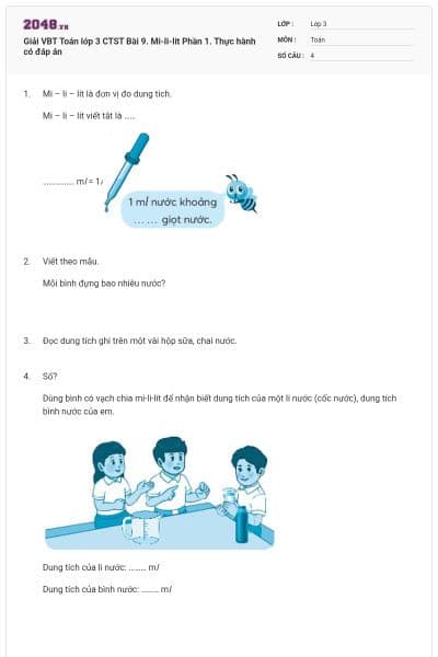 Giải VBT Toán lớp 3 CTST Bài 9. Mi-li-lit Phần 1. Thực hành có đáp án