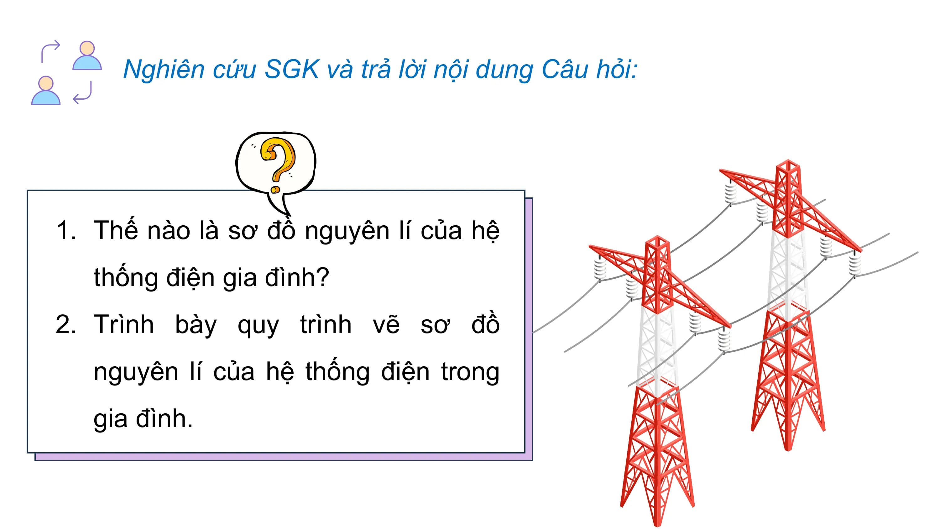 Nghiên cứu SGK và trả lời nội dung Câu hỏi:
1. Thế nào là sơ đồ nguyên lí của hệ
thống điện gia đình?
2. Trình bày quy trình vẽ sơ đồ
nguyên lí của hệ thống điện trong
gia đình.