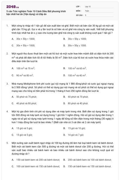 5 câu Trắc nghiệm Toán 10 Cánh Diều Bất phương trình bậc nhất hai ẩn (Vận dụng) có đáp án
