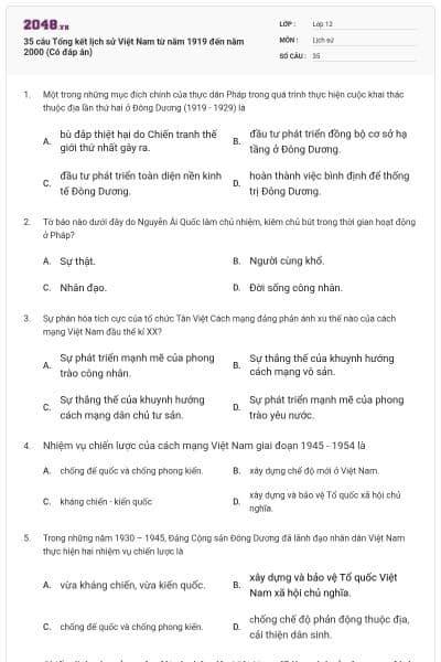 35 câu Tổng kết lịch sử Việt Nam từ năm 1919 đến năm 2000 (Có đáp án)