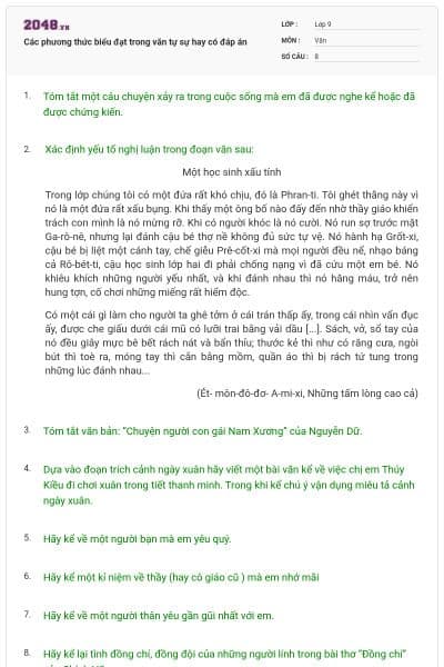 Các phương thức biểu đạt trong văn tự sự hay có đáp án