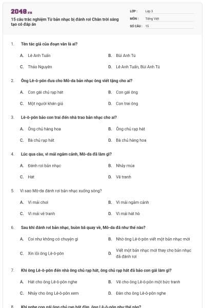 15 câu trắc nghiệm Từ bản nhạc bị đánh rơi Chân trời sáng tạo có đáp án