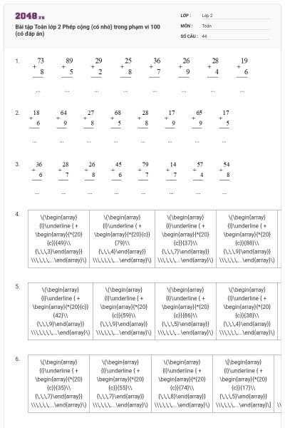 Bài tập Toán lớp 2 Phép cộng (có nhớ) trong phạm vi 100 (có đáp án)