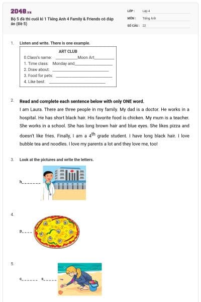 Bộ 5 đề thi cuối kì 1 Tiếng Anh 4 Family & Friends có đáp án (Đề 5)