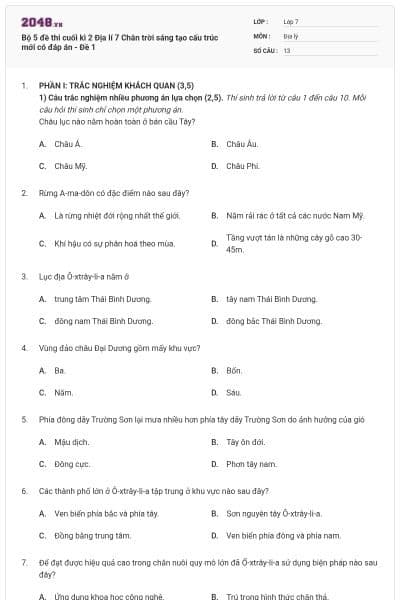 Bộ 5 đề thi cuối kì 2 Địa lí 7 Chân trời sáng tạo cấu trúc mới có đáp án - Đề 1