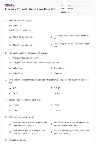 Đề thi cuối kì 2 Tin học 10 Kết nối tri thức có đáp án - Đề 4