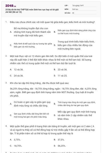 25 Bộ đề thi thử THPTQG môn Sinh hoc cực hay có lời giải chi tiết (Đề số 13)