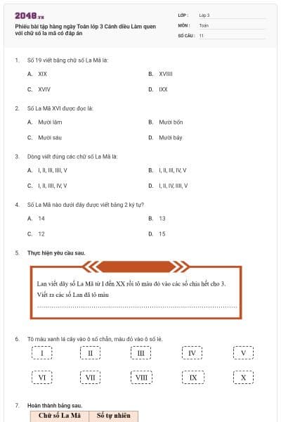 Phiếu bài tập hàng ngày Toán lớp 3 Cánh diều Làm quen với chữ số la mã có đáp án