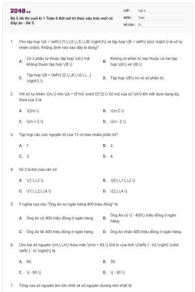 Bộ 5 đề thi cuối kì 1 Toán 6 Kết nối tri thức cấu trúc mới có đáp án - Đề 3