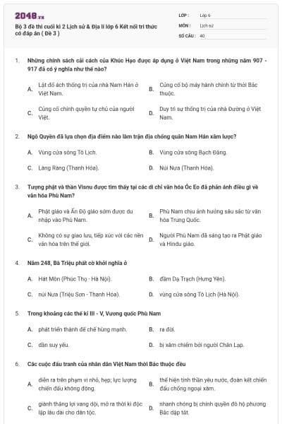 Bộ 3 đề thi cuối kì 2 Lịch sử & Địa lí lớp 6 Kết nối tri thức có đáp án ( Đề 3 )