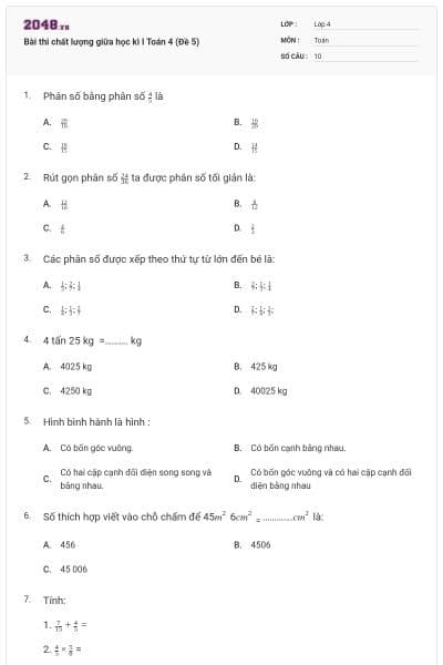 Bài thi chất lượng giữa học kì I Toán 4 (Đề 5)