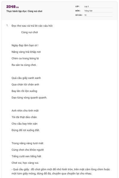 Thực hành tập đọc: Cùng vui chơi