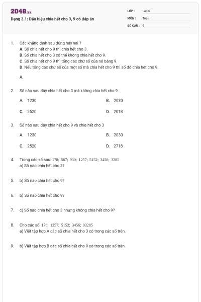 Dạng 3.1: Dấu hiệu chia hết cho 3, 9 có đáp án