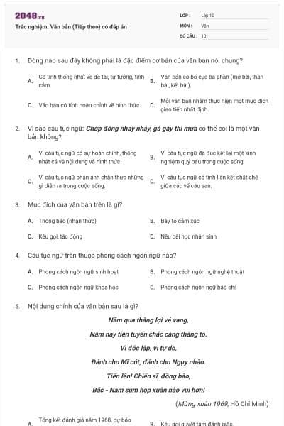 Trắc nghiệm: Văn bản (Tiếp theo) có đáp án