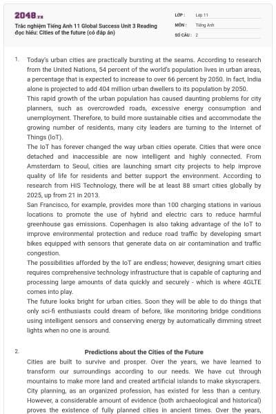 Trắc nghiệm Tiếng Anh 11 Global Success Unit 3 Reading đọc hiểu: Cities of the future (có đáp án)