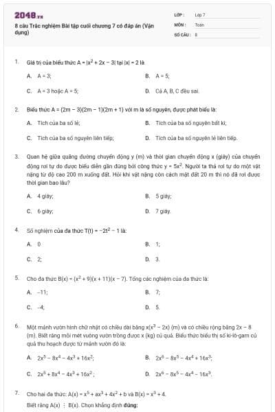8 câu Trắc nghiệm Bài tập cuối chương 7 có đáp án (Vận dụng)