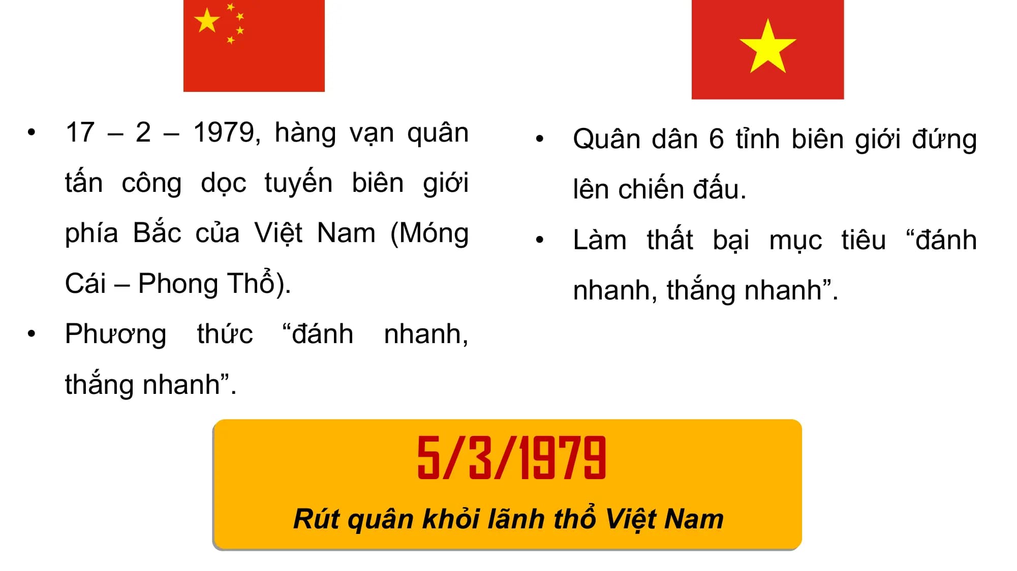 • 17 – 2 – 1979, hàng vạn quân • Quân dân 6 tỉnh biên giới đứng
tấn công dọc tuyến biên giới lên chiến đấu.
phía Bắc của Việt Nam (Móng • Làm thất bại mục tiêu “đánh
Cái – Phong Thổ). nhanh, thắng nhanh”.
• Phương thức “đánh nhanh,
thắng nhanh”.
5/3/1979
Rút quân khỏi lãnh thổ Việt Nam