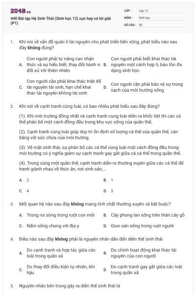 440 Bài tập Hệ Sinh Thái (Sinh học 12) cực hay có lời giải (P1)