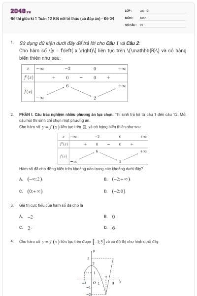 Đề thi giữa kì 1 Toán 12 Kết nối tri thức (có đáp án) - Đề 04