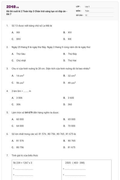 Đề thi cuối kì 2 Toán lớp 3 Chân trời sáng tạo có đáp án - Đề 7