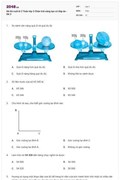 Đề thi cuối kì 2 Toán lớp 3 Chân trời sáng tạo có đáp án - Đề 3