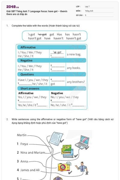 Giải SBT Tiếng Anh 7 Language focus: have got – there’s there are có đáp án