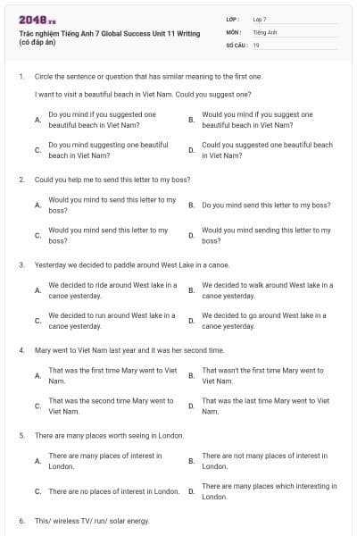 Trắc nghiệm Tiếng Anh 7 Global Success Unit 11 Writing (có đáp án)