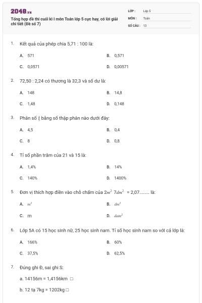 Tổng hợp đề thi cuối kì I môn Toán lớp 5 cực hay, có lời giải chi tiết (Đề số 7)