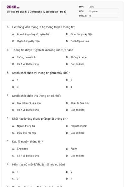 Bộ 4 Đề thi giữa kì 2 Công nghệ 12 (có đáp án - Đề 1)