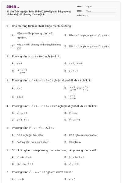 31 câu Trắc nghiệm Toán 10 Bài 2 (có đáp án): Bất phương trình và hệ bất phương trình một ẩn