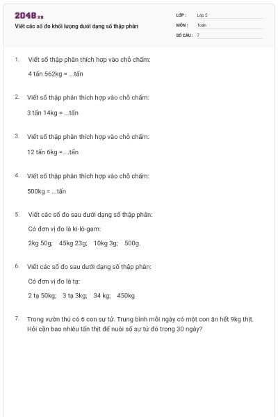 Viết các số đo khối lượng dưới dạng số thập phân