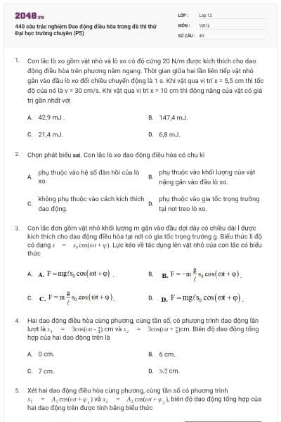 440 câu trắc nghiệm Dao động điều hòa trong đề thi thử Đại học trường chuyên (P5)