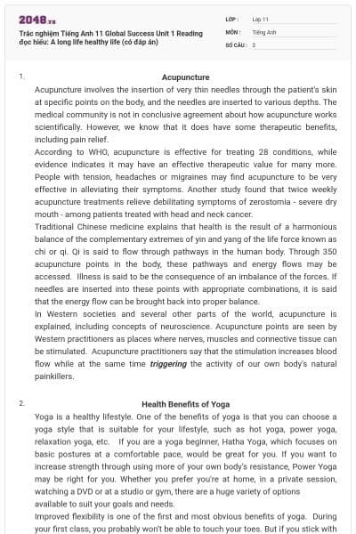 Trắc nghiệm Tiếng Anh 11 Global Success Unit 1 Reading đọc hiểu: A long life healthy life (có đáp án)