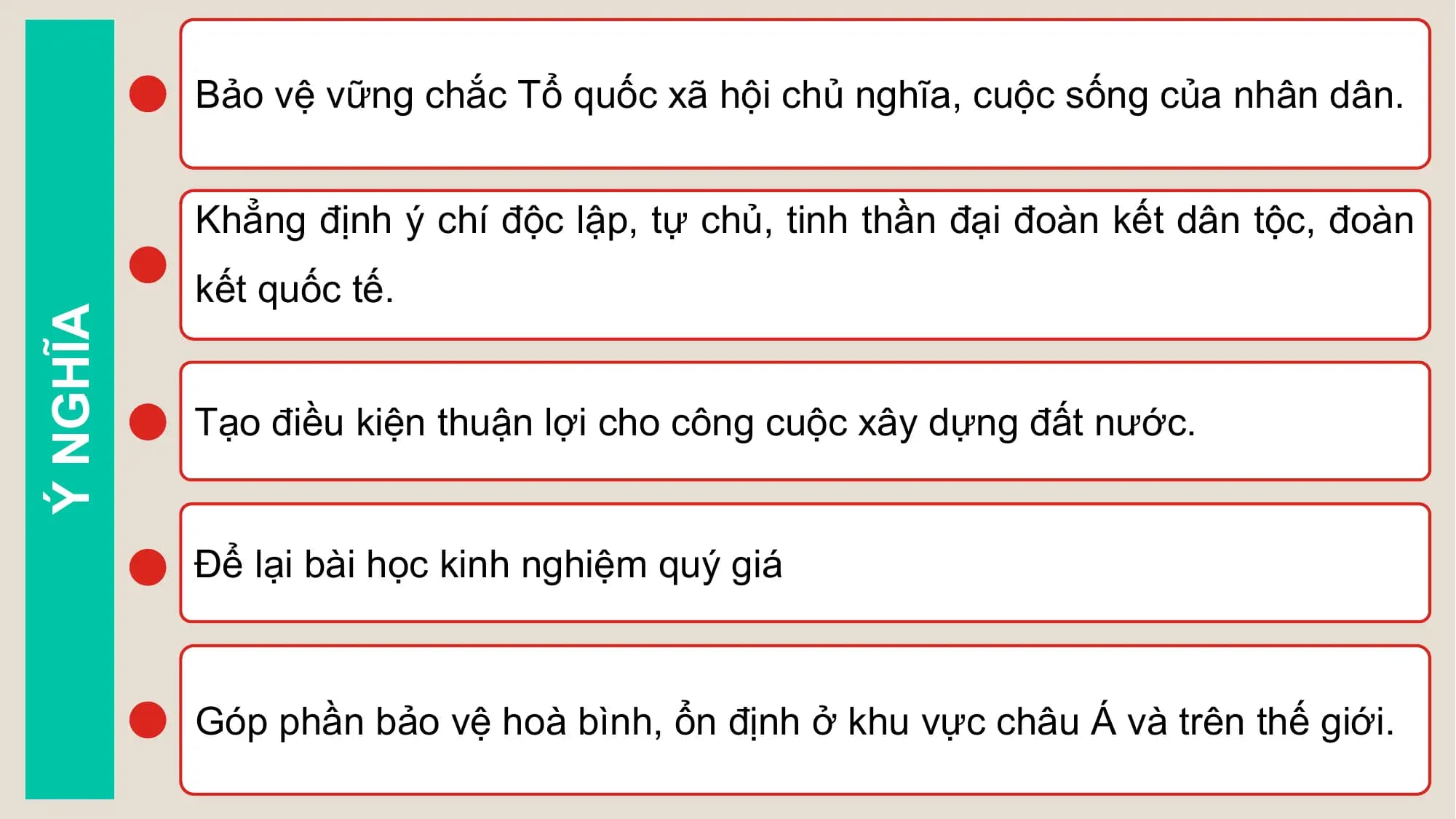 Bảo vệ vững chắc Tổ quốc xã hội chủ nghĩa, cuộc sống của nhân dân.
Khẳng định ý chí độc lập, tự chủ, tinh thần đại đoàn kết dân tộc, đoàn
kết quốc tế.
Ý NGHĨA
Tạo điều kiện thuận lợi cho công cuộc xây dựng đất nước.
Để lại bài học kinh nghiệm quý giá
Góp phần bảo vệ hoà bình, ổn định ở khu vực châu Á và trên thế giới.