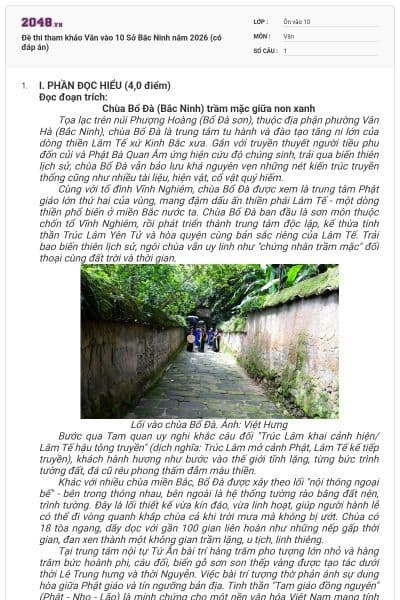 Đề thi tham khảo Văn vào 10 Sở Bắc Ninh năm 2026 (có đáp án)